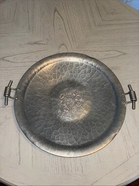 Vintage Hammered Aluminum Serving Tray with Floral Center and Twist Handles